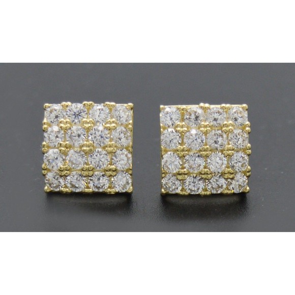 Real 10K Yellow Gold 9.8mm Micro-Pave Square CZ Stud Earrings 2.6gr Men-Women - Picture 2 of 6